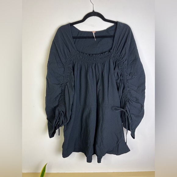Free People S Black Cotton Mini Dress Tunic Square Neck Puff Sleeve Whimsigoth - Picture 11 of 11